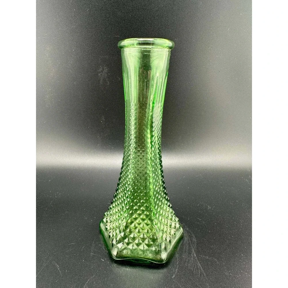 Vintage EO Brody Co Green Glass Bud Vase‎ Hexagon Diamond Point 6.5